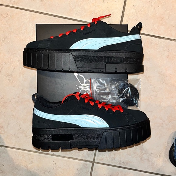 Puma Dua Lipa Platform WMNS Mayze Suede Black Blue Glow Sneakers - Picture 1 of 9